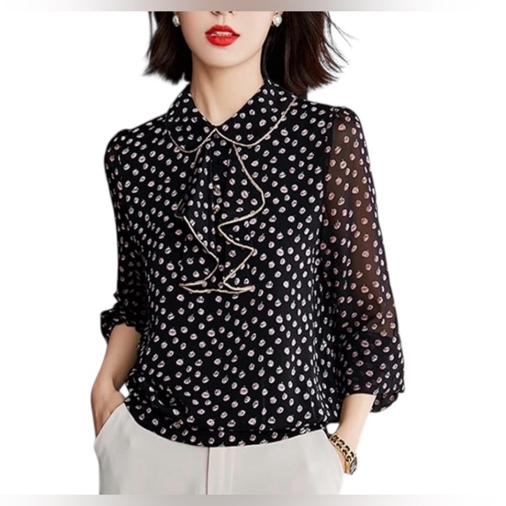 Juno Collections Elegant Long Sleeve Brown Polka Dot Ruffle Bow Beaded Neck Top